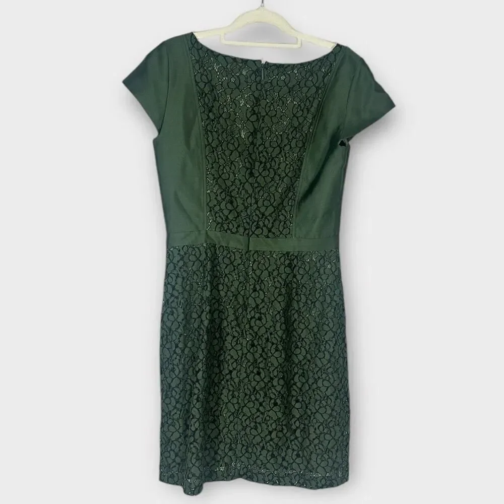 Tory Burch Mariana Sheath Dress Women's 6 Green Wool Silk Satin Lace Accent